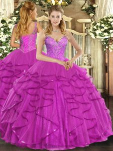 Tulle Sleeveless Floor Length 15 Quinceanera Dress and Beading and Ruffles