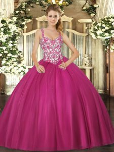 Sleeveless Floor Length Beading and Appliques Lace Up Sweet 16 Quinceanera Dress with Fuchsia