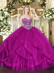 Ball Gowns 15th Birthday Dress Fuchsia Sweetheart Tulle Sleeveless Floor Length Lace Up