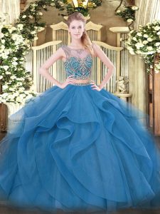 High Class Blue Tulle Lace Up Scoop Sleeveless Floor Length Ball Gown Prom Dress Beading and Ruffles