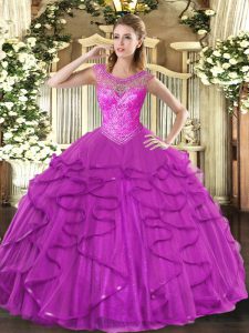 Fuchsia Tulle Lace Up Quinceanera Gown Sleeveless Floor Length Beading and Ruffles