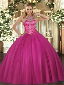 Hot Pink Halter Top Lace Up Beading Sweet 16 Dress Sleeveless