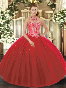 Red Sweet 16 Dress Military Ball and Sweet 16 and Quinceanera with Embroidery Halter Top Sleeveless Lace Up