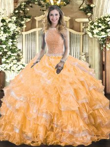 Sleeveless Floor Length Beading and Ruffled Layers Lace Up Ball Gown Prom Dress with Orange