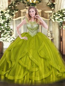 Fancy Sleeveless Floor Length Beading Lace Up 15 Quinceanera Dress with Olive Green