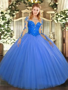 Exquisite Blue Ball Gowns Scoop Long Sleeves Tulle Floor Length Lace Up Lace Ball Gown Prom Dress