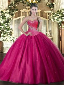 Sweetheart Sleeveless Sweet 16 Quinceanera Dress Floor Length Beading Fuchsia Tulle