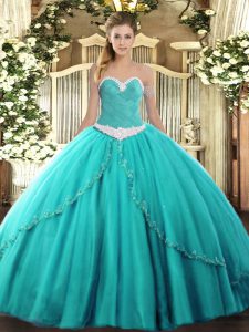 Sweet Brush Train Ball Gowns 15th Birthday Dress Turquoise Sweetheart Tulle Sleeveless Lace Up