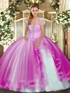 Tulle Strapless Sleeveless Lace Up Appliques and Ruffles Quinceanera Gowns in Fuchsia