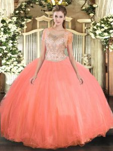 Watermelon Red Ball Gowns Tulle Scoop Sleeveless Beading Floor Length Clasp Handle Sweet 16 Quinceanera Dress