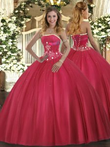 Red Sleeveless Tulle Lace Up Sweet 16 Dresses for Military Ball and Sweet 16 and Quinceanera