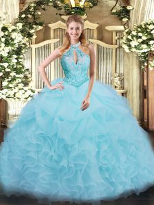 Ball Gowns Quinceanera Gown Aqua Blue Halter Top Organza Sleeveless Floor Length Lace Up