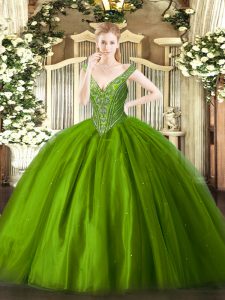 Fantastic V-neck Sleeveless Lace Up Sweet 16 Dresses Green Tulle