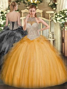 Floor Length Orange Ball Gown Prom Dress Tulle Sleeveless Beading and Ruffles