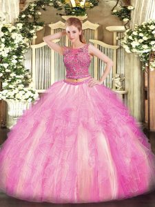 Noble Scoop Sleeveless Lace Up Sweet 16 Quinceanera Dress Rose Pink Tulle