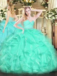 Turquoise Sweetheart Zipper Beading and Lace and Ruffles Quinceanera Dresses Sleeveless