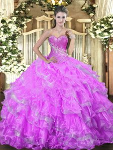 Sleeveless Floor Length Beading and Ruffled Layers Lace Up Ball Gown Prom Dress with Lilac