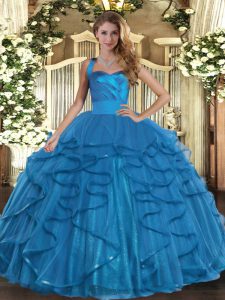 Teal Lace Up Halter Top Ruffles Quinceanera Gowns Tulle Sleeveless