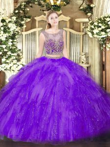 Sleeveless Tulle Floor Length Lace Up Sweet 16 Dresses in Lavender with Beading and Ruffles