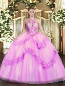 Lilac Sweet 16 Dress Military Ball and Sweet 16 and Quinceanera with Appliques and Sequins Halter Top Sleeveless Lace Up