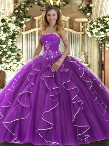 Purple Sleeveless Tulle Lace Up Sweet 16 Dress for Military Ball and Sweet 16 and Quinceanera