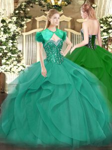 Modern Floor Length Lace Up 15 Quinceanera Dress Turquoise for Military Ball and Sweet 16 and Quinceanera with Beading and Ruffles