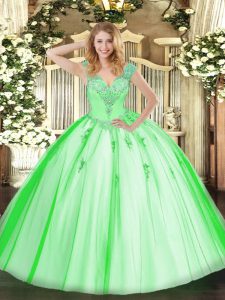 Ball Gowns V-neck Sleeveless Tulle Floor Length Lace Up Beading Sweet 16 Dresses