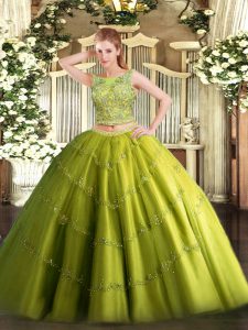 Two Pieces Sweet 16 Dresses Olive Green Scoop Tulle Sleeveless Floor Length Lace Up