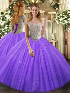 Luxury Lavender Sleeveless Floor Length Beading Lace Up Quinceanera Dresses