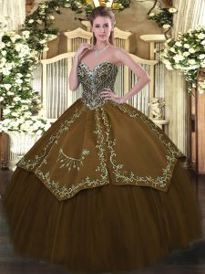 Classical Brown Taffeta and Tulle Lace Up Sweet 16 Dresses Sleeveless Floor Length Beading and Embroidery