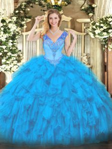 Baby Blue Sleeveless Beading and Ruffles Floor Length Quinceanera Gowns