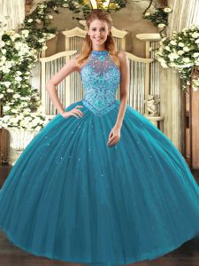 Sleeveless Floor Length Beading and Embroidery Lace Up Quinceanera Gowns with Teal