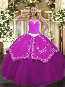 Admirable Sleeveless Organza and Taffeta Floor Length Lace Up 15 Quinceanera Dress in Fuchsia with Appliques and Embroidery