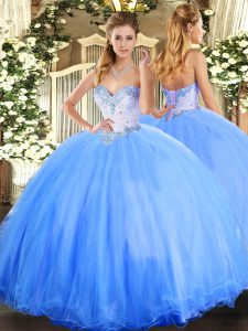 Comfortable Baby Blue Lace Up Sweetheart Beading Quinceanera Gowns Tulle Sleeveless