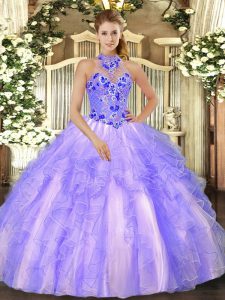 Sleeveless Floor Length Embroidery and Ruffles Lace Up Vestidos de Quinceanera with Lavender