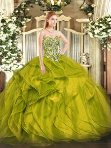 Flirting Olive Green Ball Gowns Sweetheart Sleeveless Organza Floor Length Lace Up Beading and Ruffles 15 Quinceanera Dress