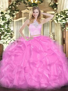 Ideal Rose Pink Sleeveless Organza Zipper Quinceanera Dress for Military Ball and Sweet 16 and Quinceanera