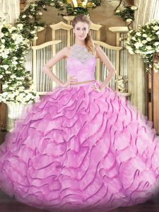 Cheap Rose Pink Two Pieces Scoop Sleeveless Tulle Brush Train Zipper Lace and Ruffled Layers Quinceanera Gowns