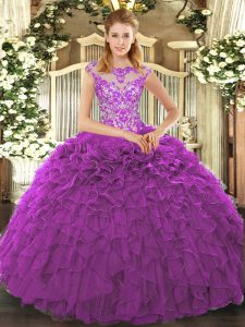 Decent Eggplant Purple Ball Gowns Beading and Appliques and Ruffles Quinceanera Dresses Lace Up Organza Cap Sleeves Floor Length