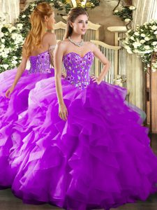 Classical Purple Ball Gowns Organza Sweetheart Sleeveless Embroidery and Ruffles Floor Length Lace Up Sweet 16 Dresses