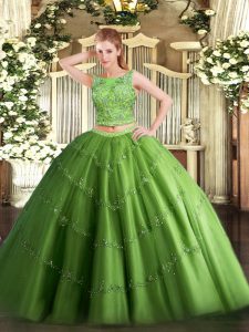 Hot Selling Green Sleeveless Floor Length Beading and Appliques Lace Up Quinceanera Dress