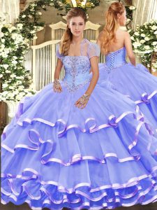 Lovely Lavender Organza Lace Up Vestidos de Quinceanera Sleeveless Floor Length Appliques and Ruffled Layers