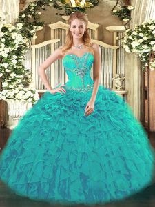 Decent Teal Sweetheart Lace Up Beading and Ruffles Quince Ball Gowns Sleeveless