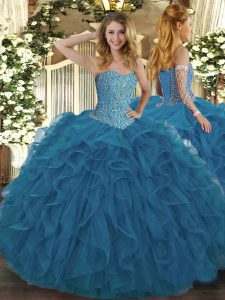 Dazzling Teal Tulle Lace Up Quinceanera Dress Sleeveless Floor Length Beading and Ruffles