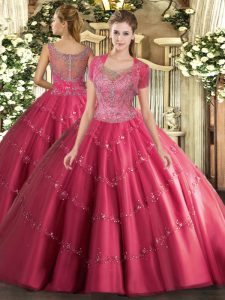 Scoop Sleeveless Quince Ball Gowns Floor Length Beading and Appliques Hot Pink Tulle