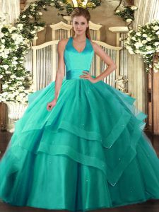 Turquoise Lace Up 15 Quinceanera Dress Ruffled Layers Sleeveless Floor Length