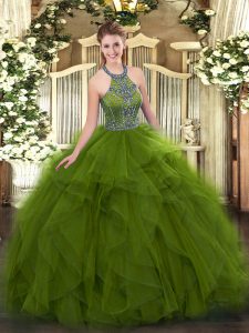 Colorful Olive Green Sleeveless Tulle Lace Up Quinceanera Gown for Military Ball and Sweet 16 and Quinceanera