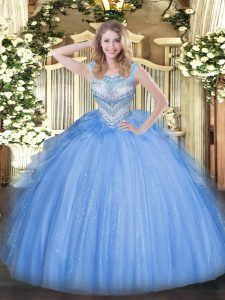 Wonderful Blue Ball Gowns Tulle Scoop Sleeveless Beading Floor Length Lace Up 15 Quinceanera Dress