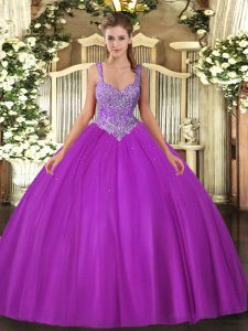 Shining Fuchsia Tulle Lace Up V-neck Sleeveless Floor Length 15th Birthday Dress Beading