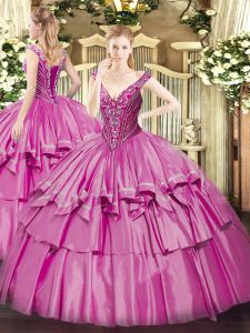 Sleeveless Lace Up Floor Length Beading and Ruffled Layers Sweet 16 Dresses